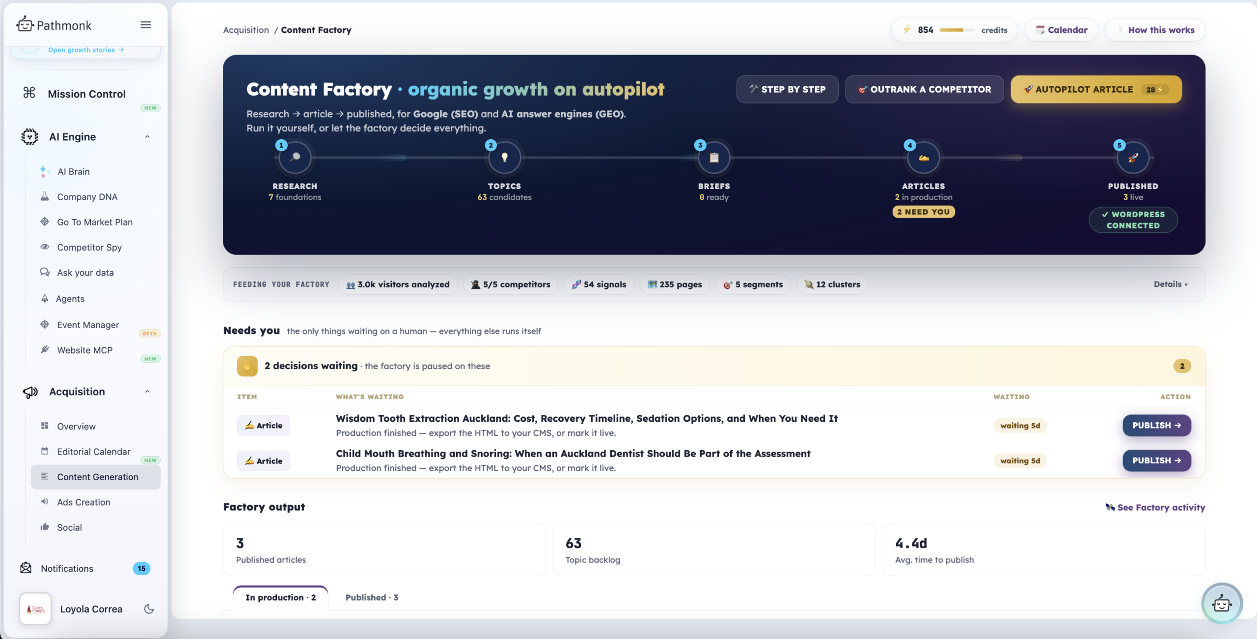 The Content Factory hub in the Caring 4 Smiles Pathmonk account