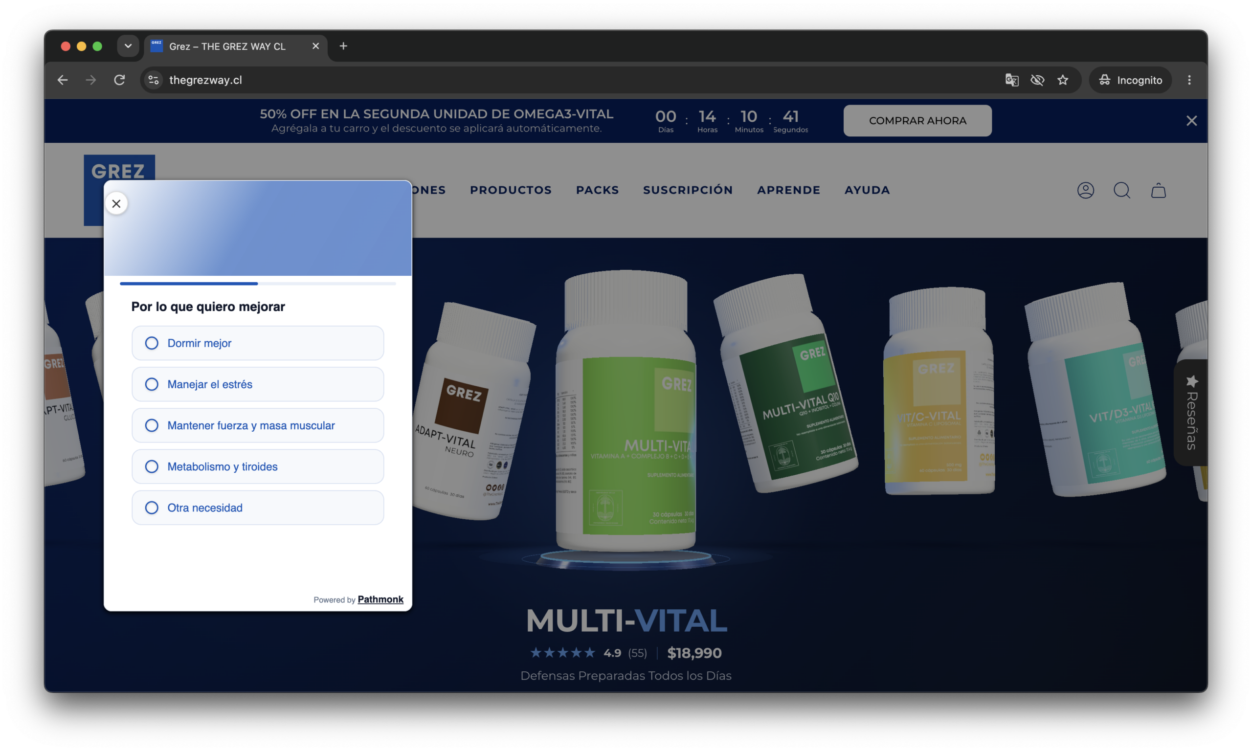 The Pathmonk product selector on the Grez website asking what the shopper wants to improve